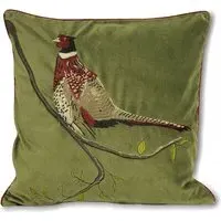 Hunter Velvet Pheasant Cushion - Green, Cotton