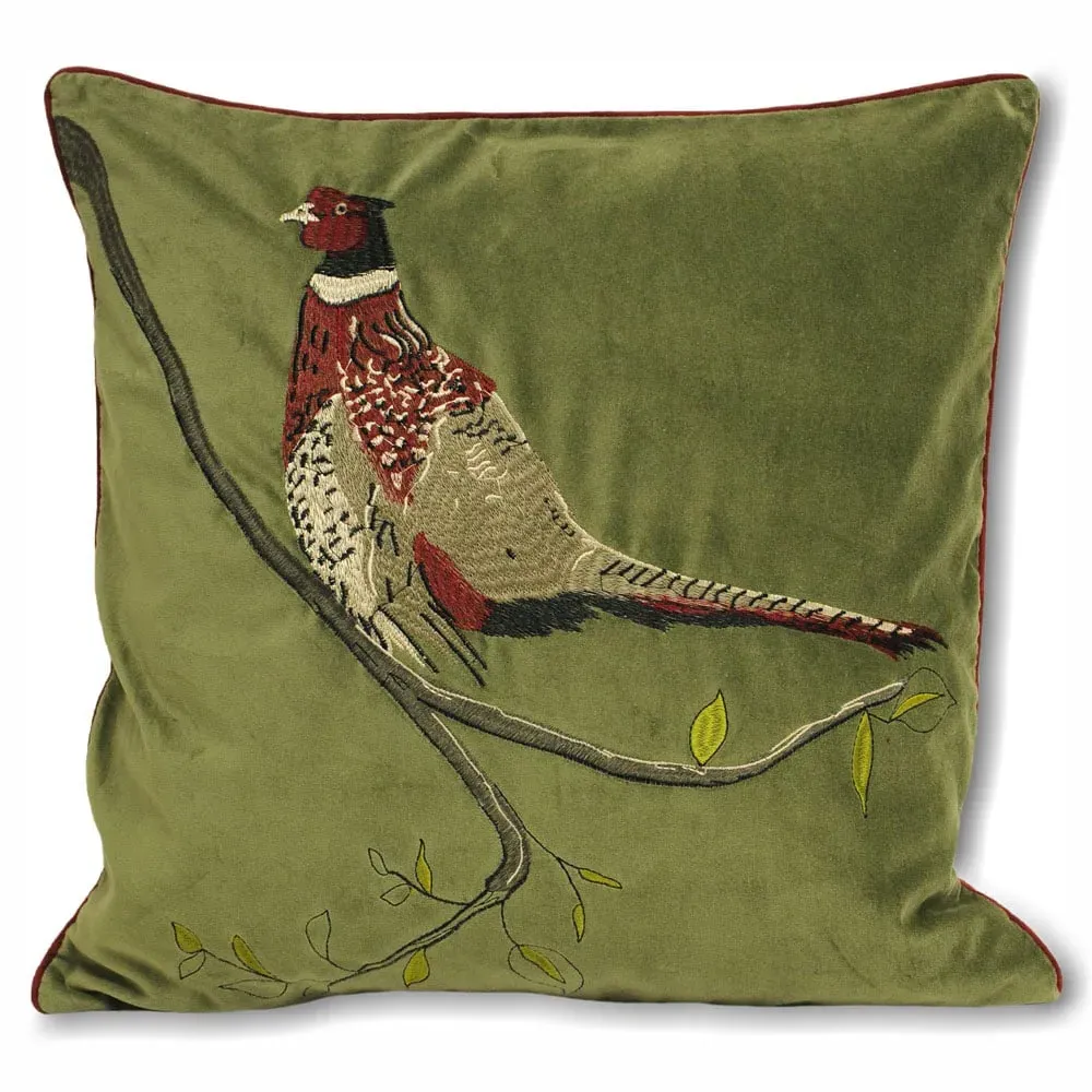 Hunter Velvet Pheasant Cushion - Green, Cotton image