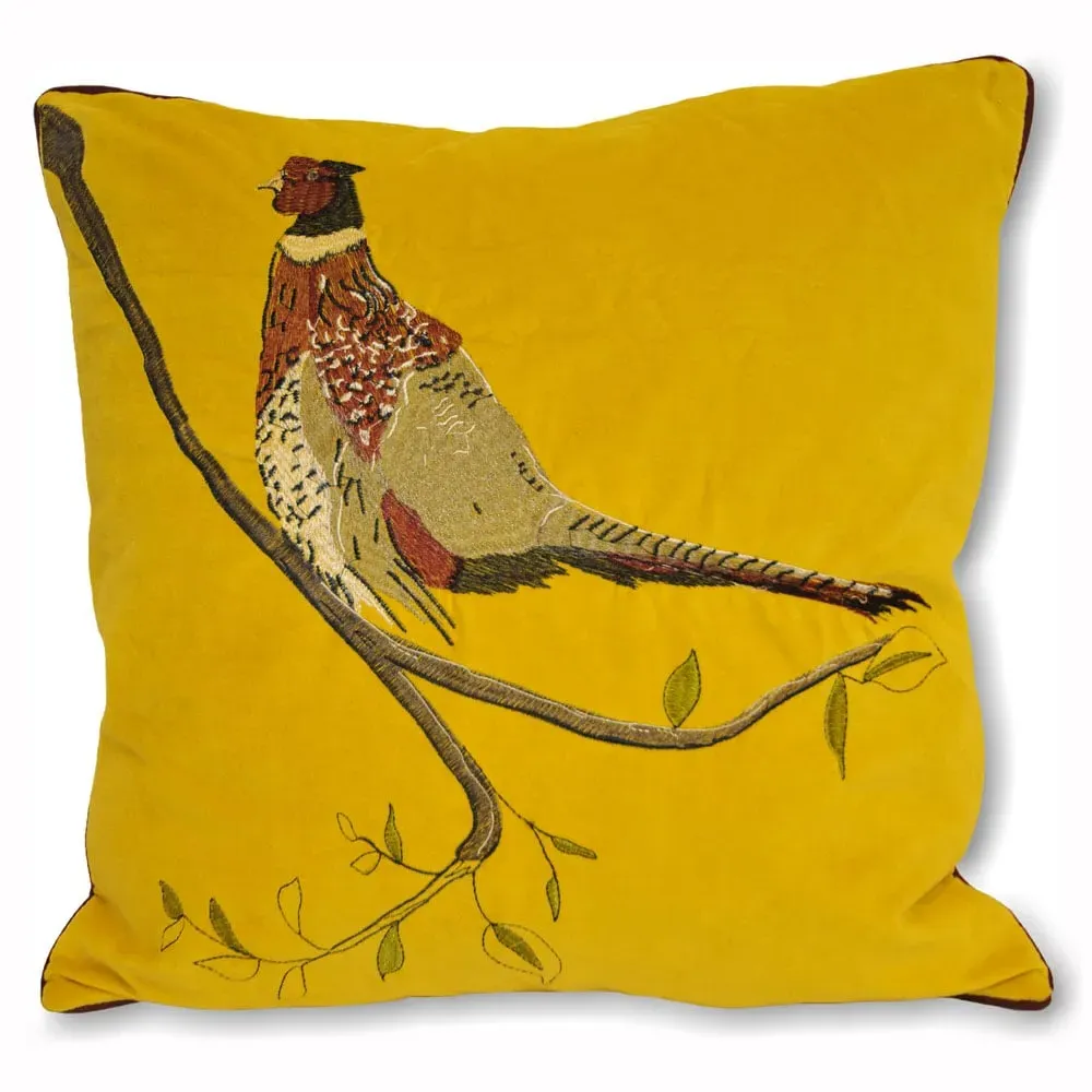 Hunter Velvet Pheasant Cushion - Mustard, Cotton