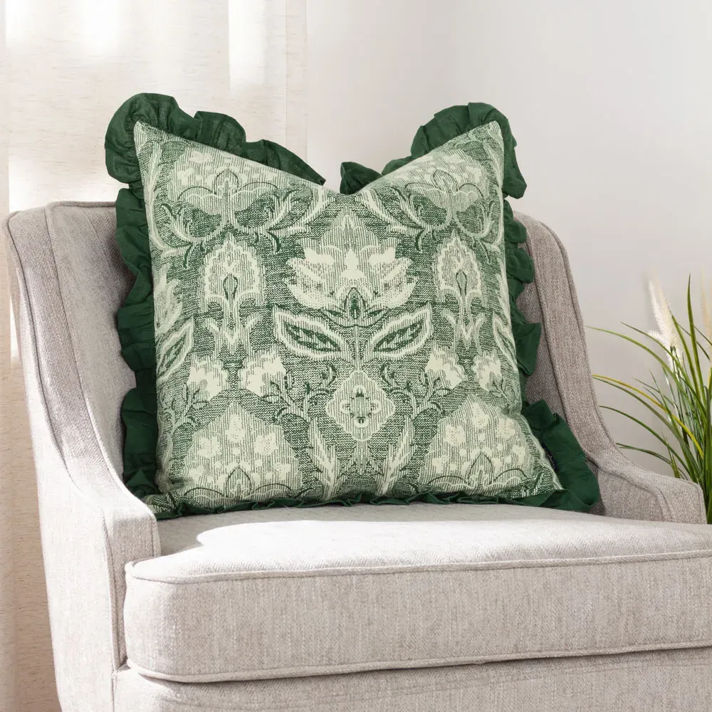 Kirkton Floral Pleated Cushion - Green, Cotton