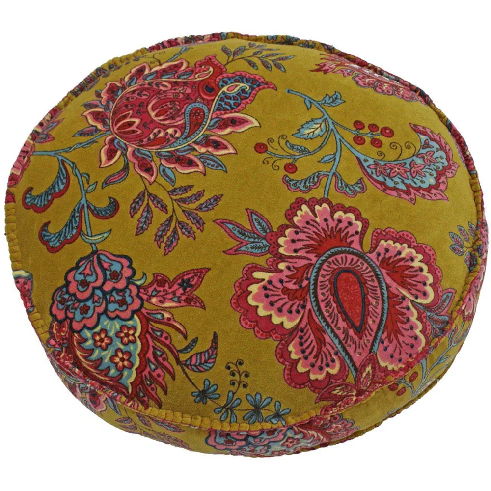 Malisa Round Cushion with Pom Poms - Lemon Curry, Cotton image