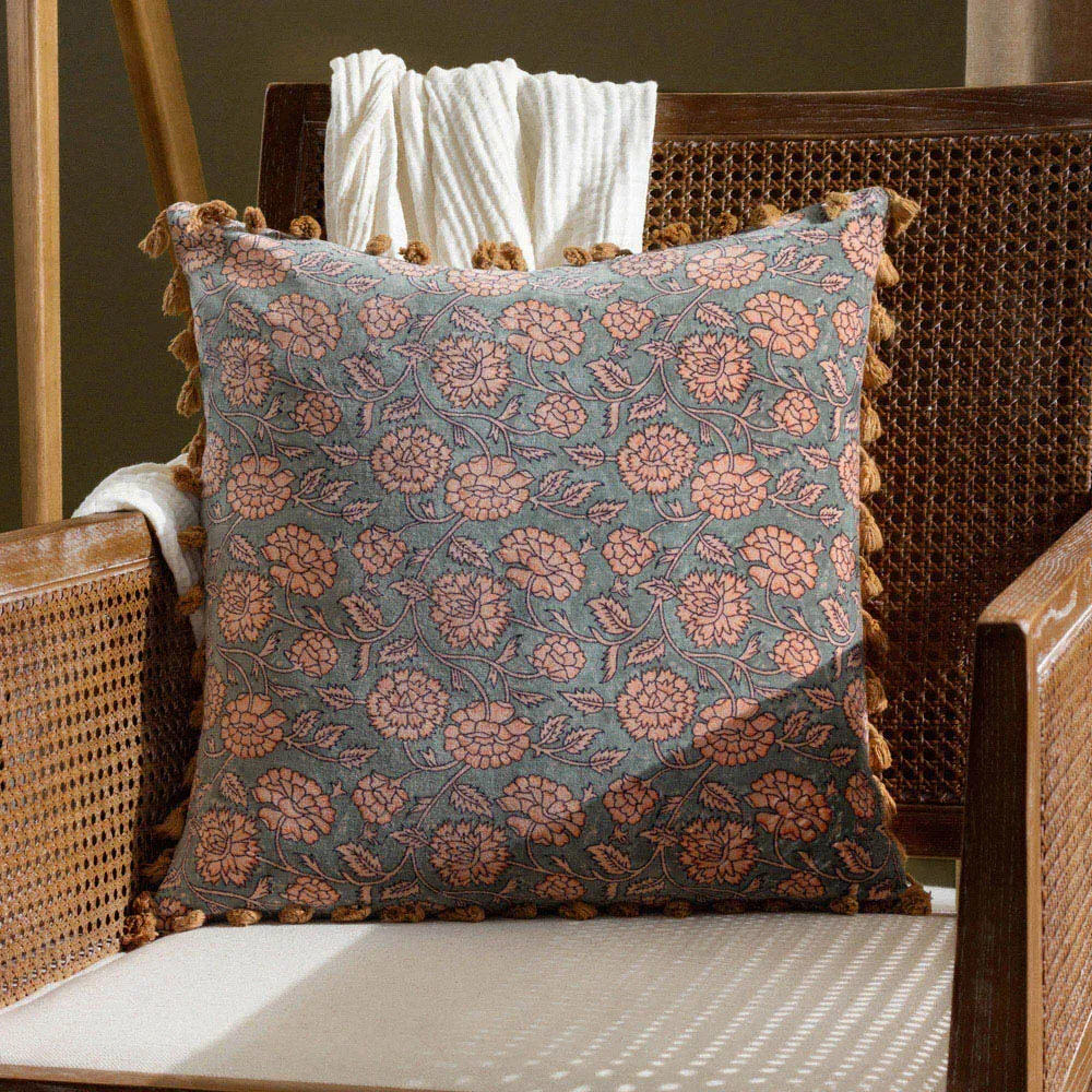 Marisa Floral Cotton Velvet Cushion - Petrol