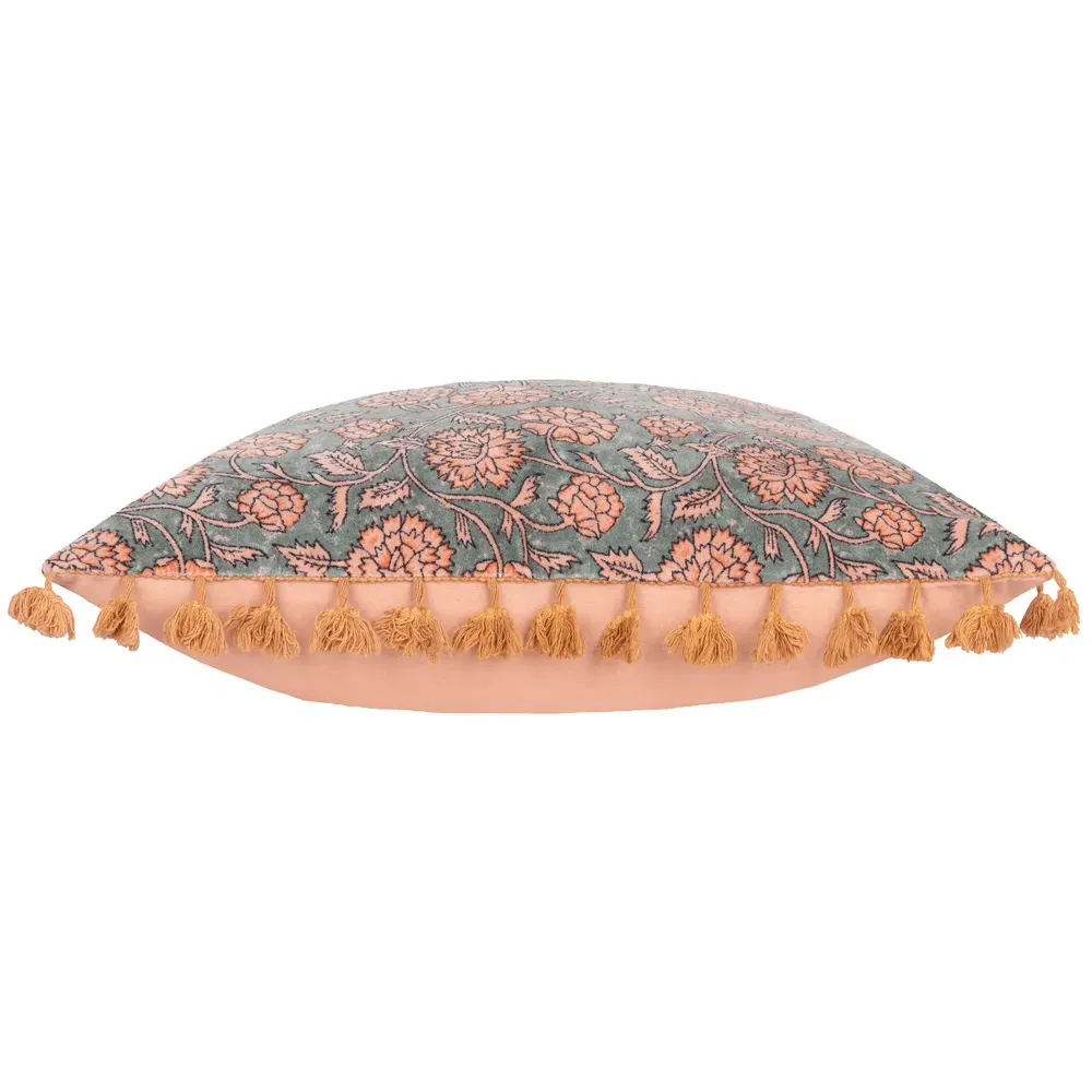 Marisa Floral Cotton Velvet Cushion - Petrol