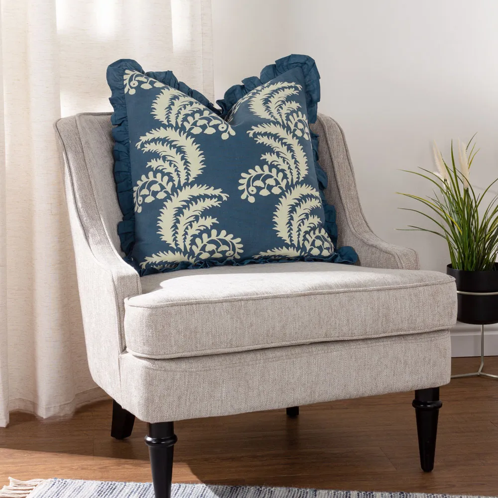 Montrose Floral Cushion with Fringe - Blue, Cotton