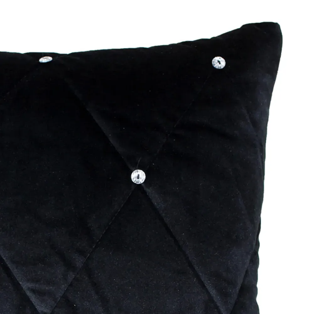 New Diamante Large Quilted Cushion - Black, Faux Velvet