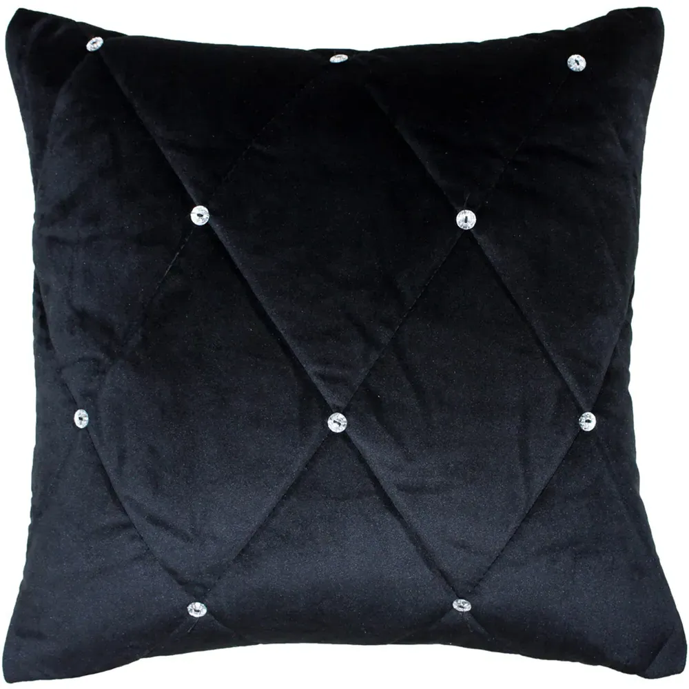 New Diamante Large Quilted Cushion - Black, Faux Velvet