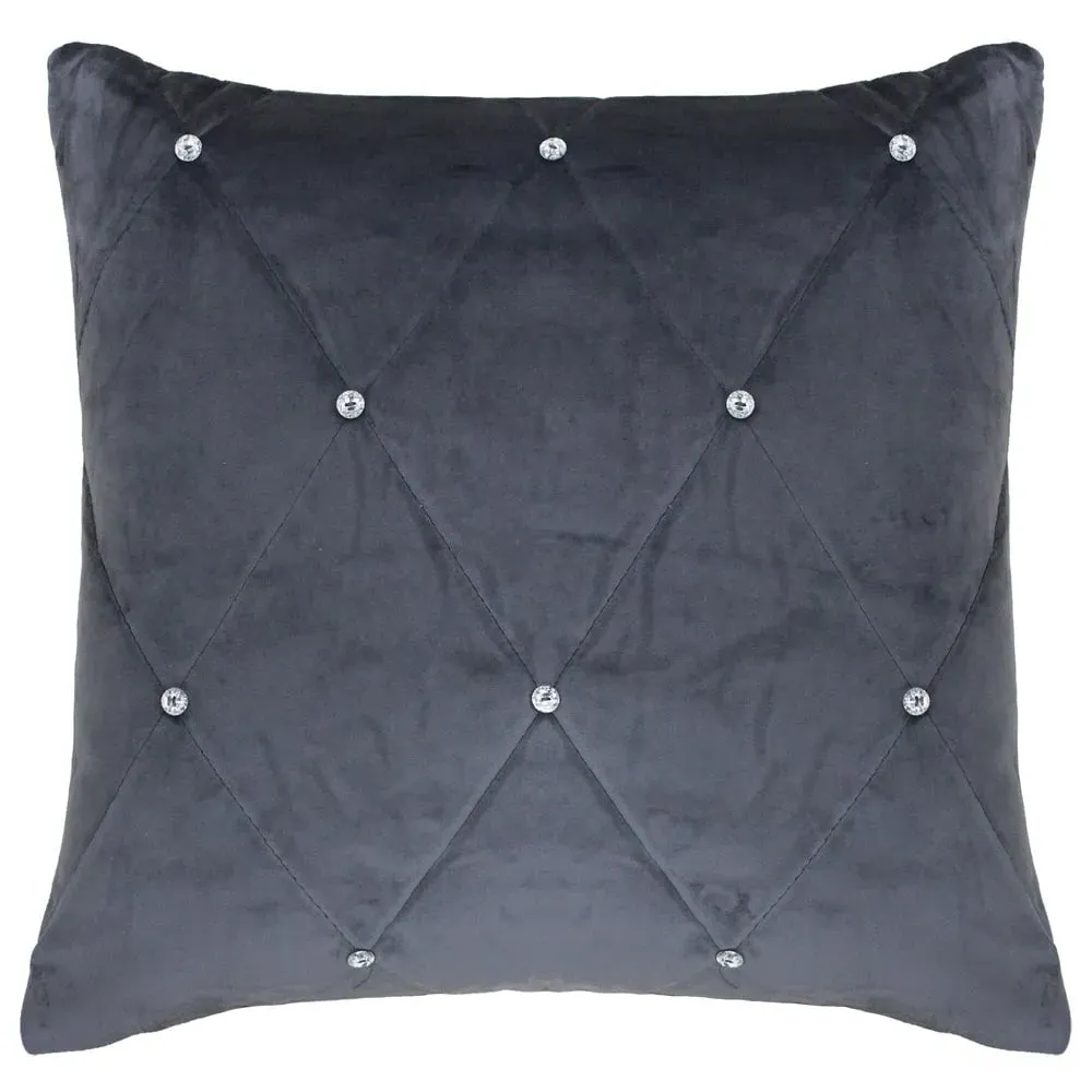 New Diamante Large Quilted Cushion - Pewter, Faux Velvet