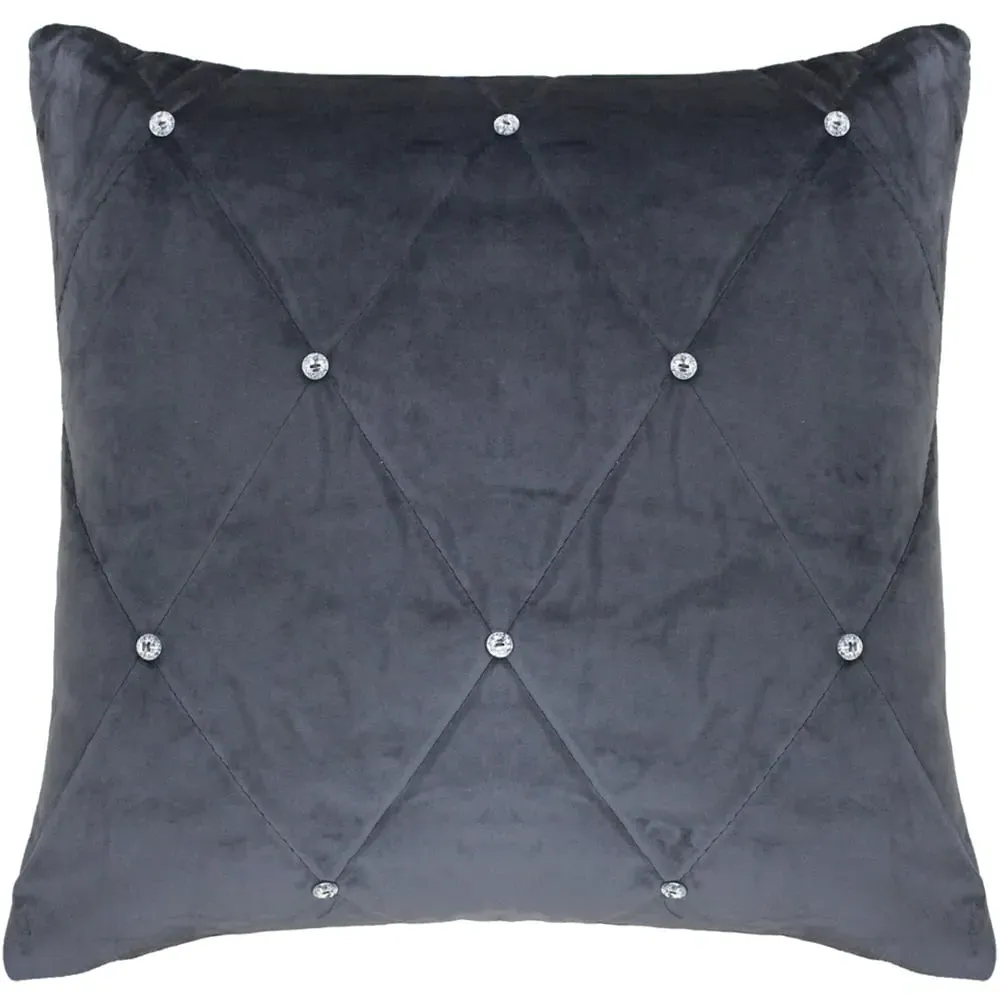 New Diamante Quilted Cushion - Pewter, Faux Velvet