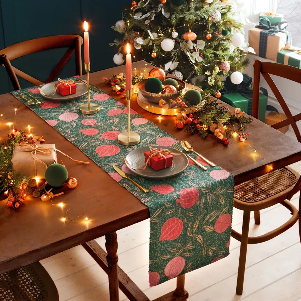 Pomegranate Table Runner - Green, Polyester
