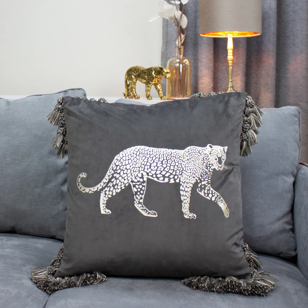 Roscoe Tasselled Cushion - Grey, Velvet