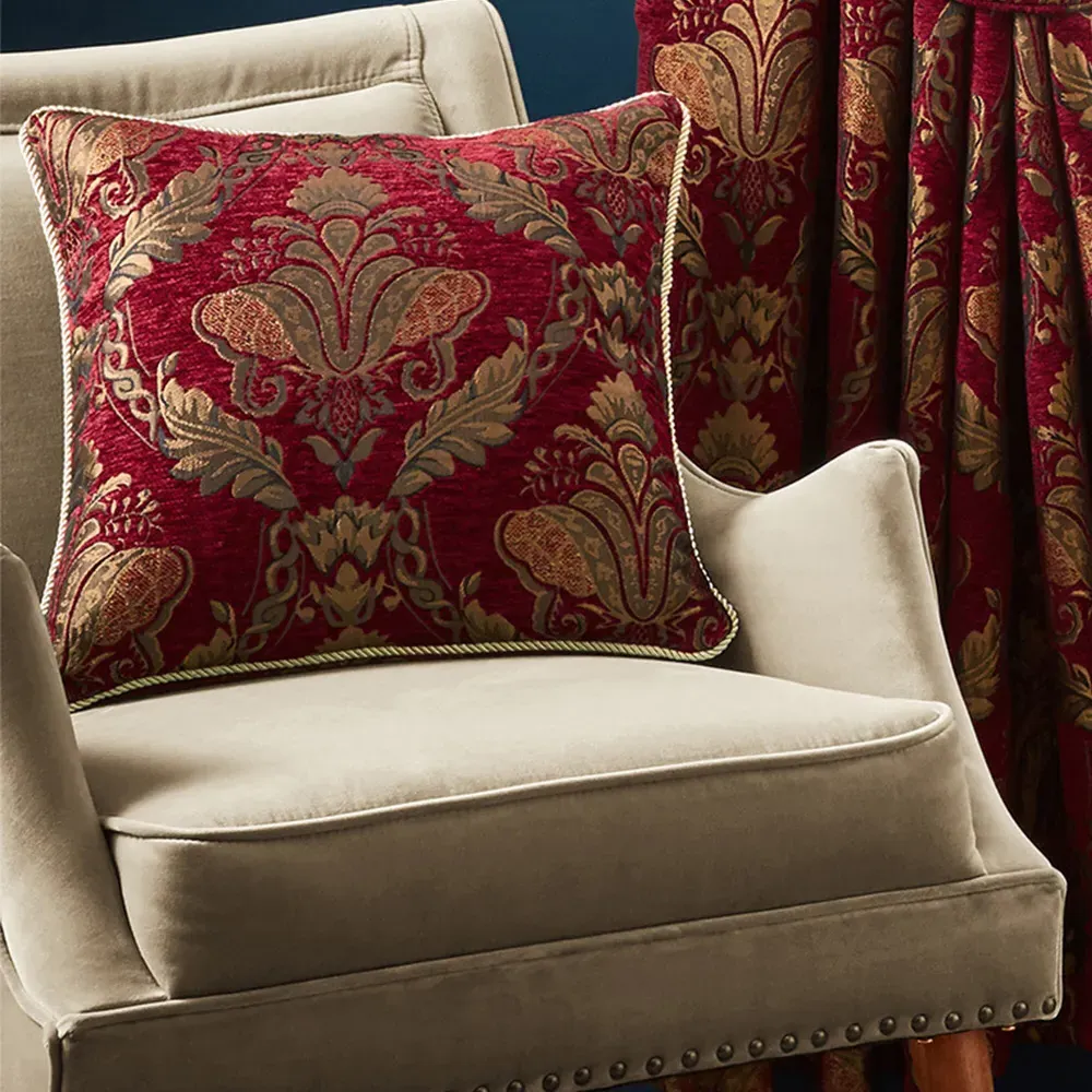 Shiraz Floral Jacquard Cushion - Burgundy