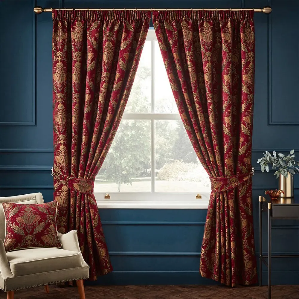 Shiraz Floral Jacquard Pencil Pleat Curtain - Burgundy