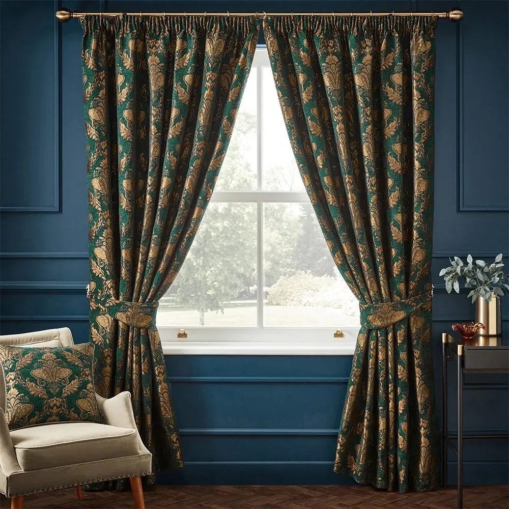 Shiraz Floral Jacquard Pencil Pleat Curtain - Emerald