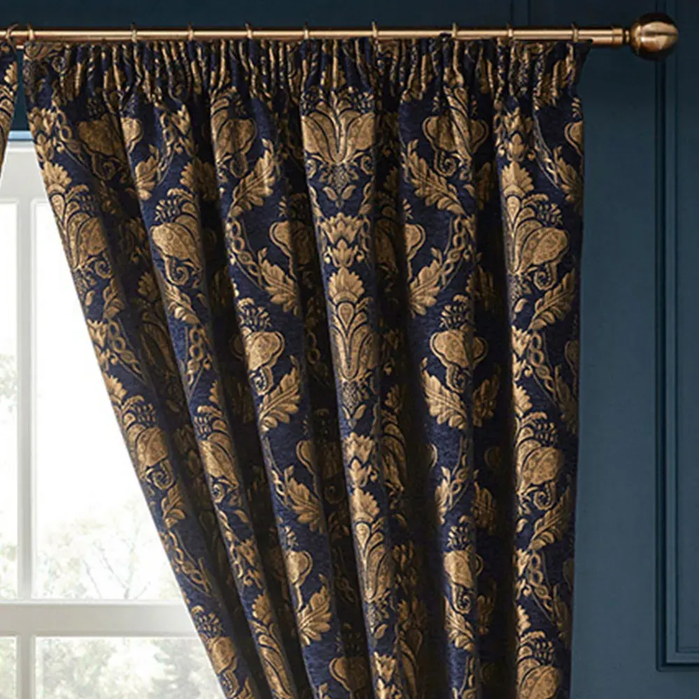 Shiraz Floral Jacquard Pencil Pleat Curtain - Navy