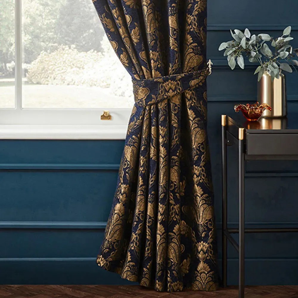 Shiraz Floral Jacquard Pencil Pleat Curtain - Navy