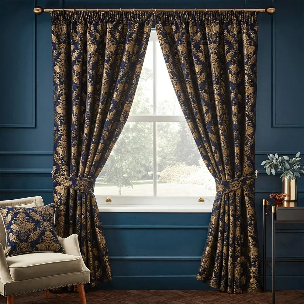 Shiraz Floral Jacquard Pencil Pleat Curtain - Navy