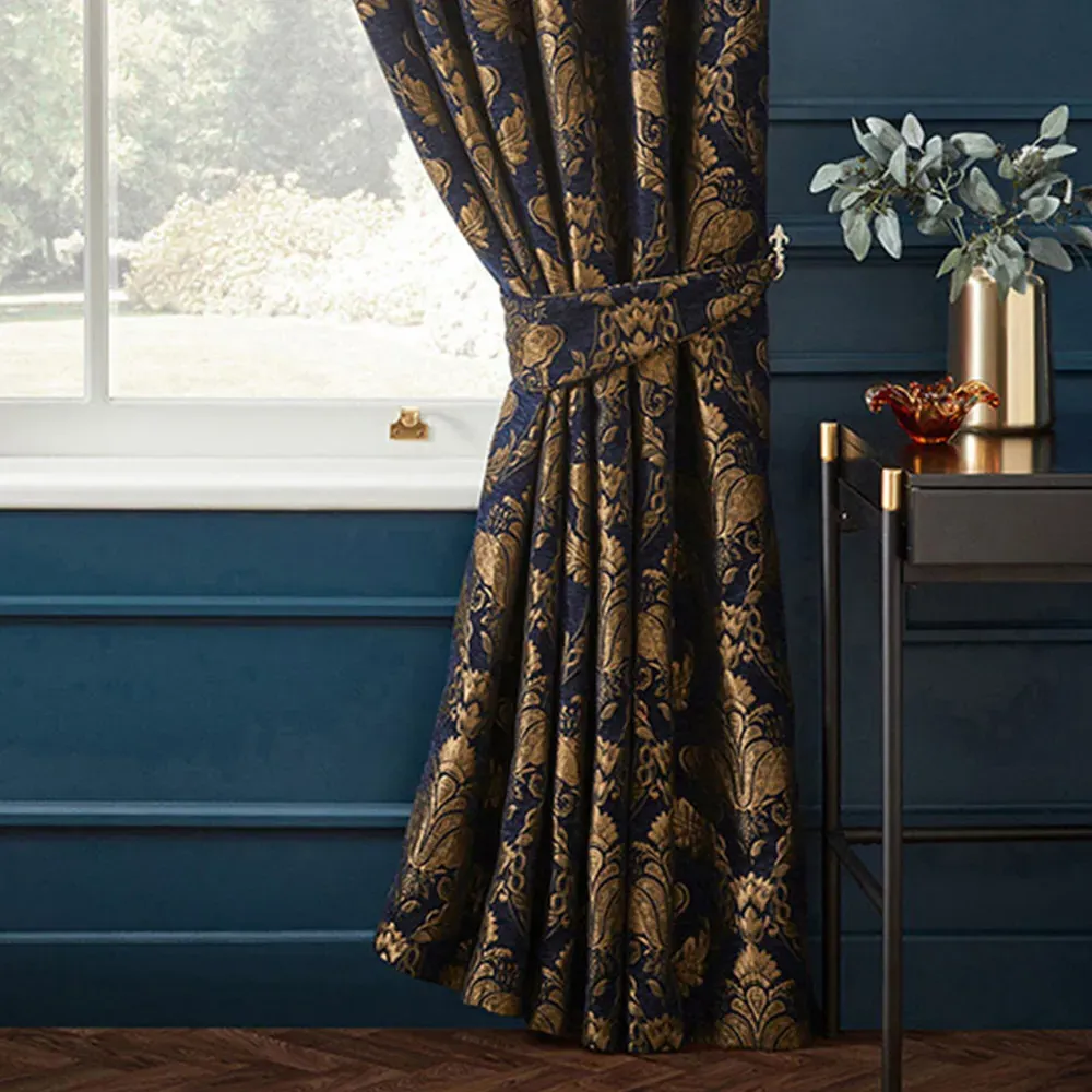 Shiraz Floral Jacquard Pencil Pleat Curtain - Navy