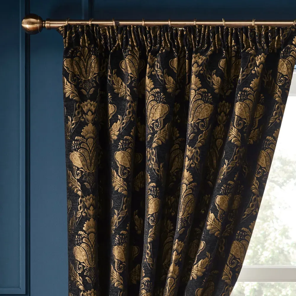 Shiraz Jacquard Pencil Pleat Curtains - Black, Chenille