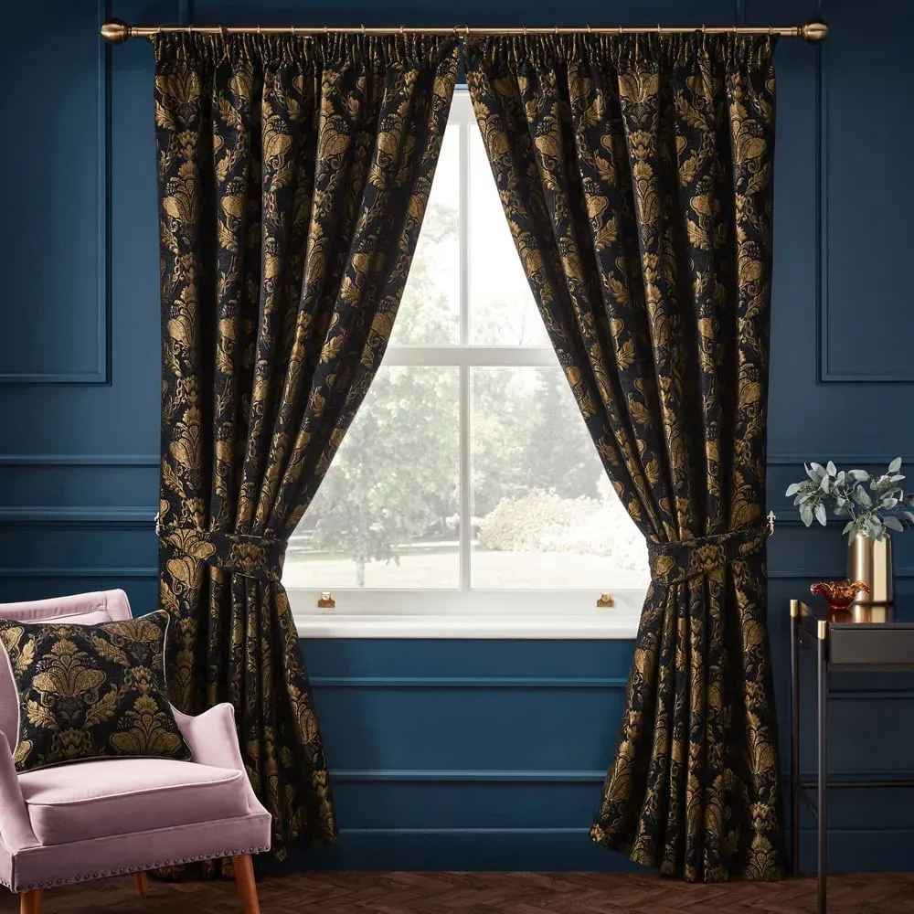 Shiraz Jacquard Pencil Pleat Curtains - Black, Chenille