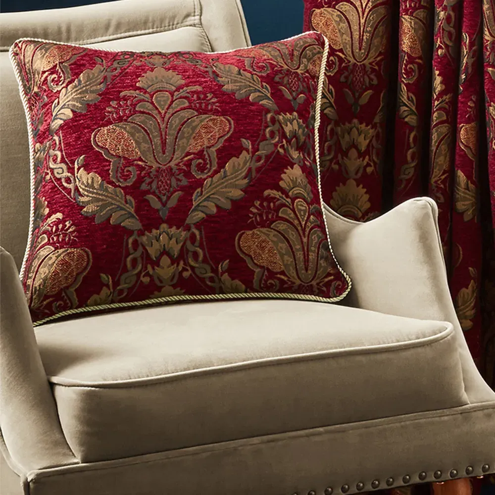 Shiraz Large Floral Jacquard Cushion - Burgundy
