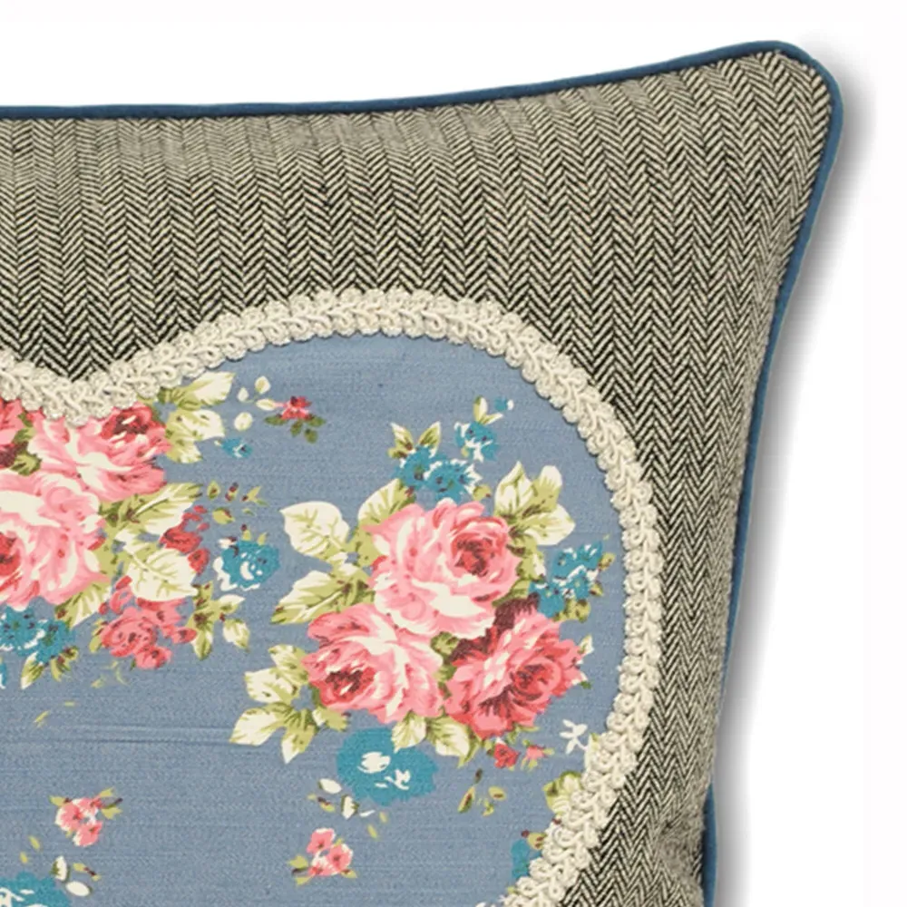 Sweet Cottage Heart Embroidered Cushion - Blue