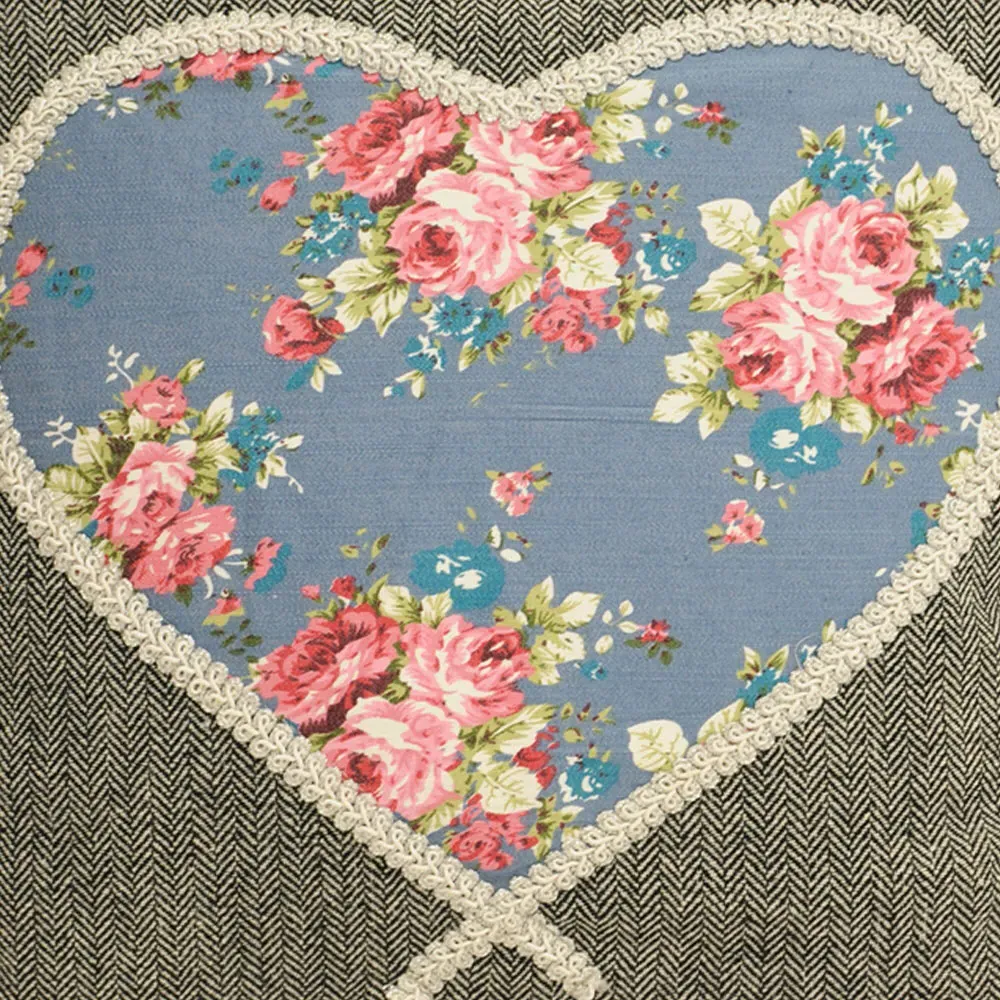 Sweet Cottage Heart Embroidered Cushion - Blue