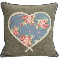 Sweet Cottage Heart Embroidered Cushion - Blue