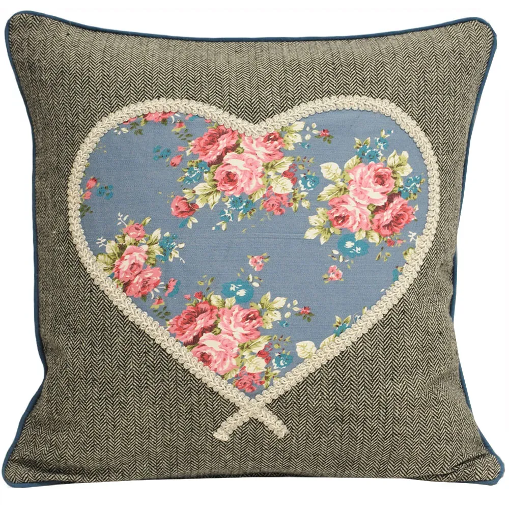 Sweet Cottage Heart Embroidered Cushion - Blue image