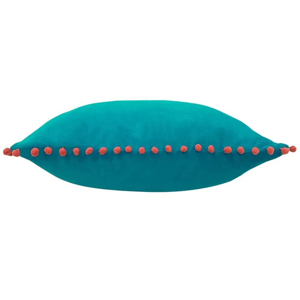 Teal and Coral Velvet Touch Pom Pom Cushion - Multi