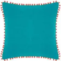 Teal and Coral Velvet Touch Pom Pom Cushion - Multi
