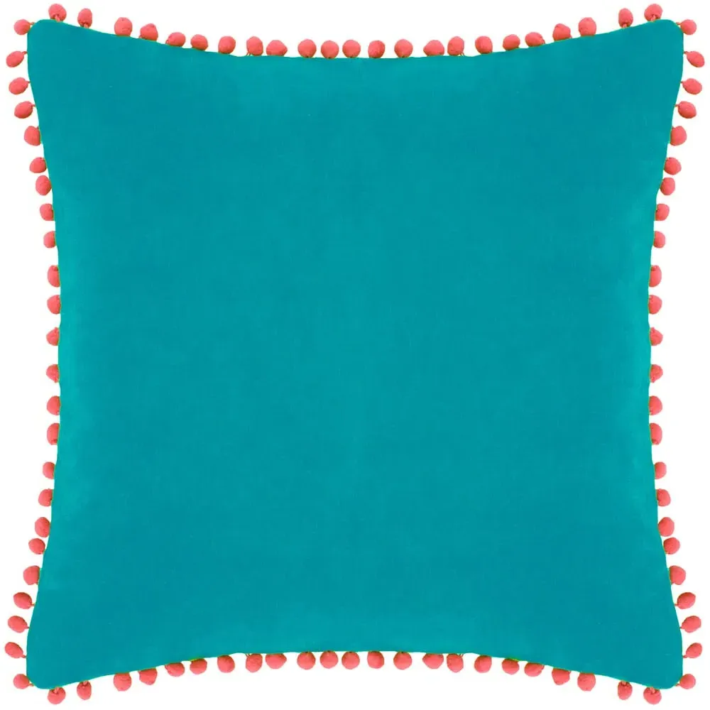 Teal and Coral Velvet Touch Pom Pom Cushion - Multi image
