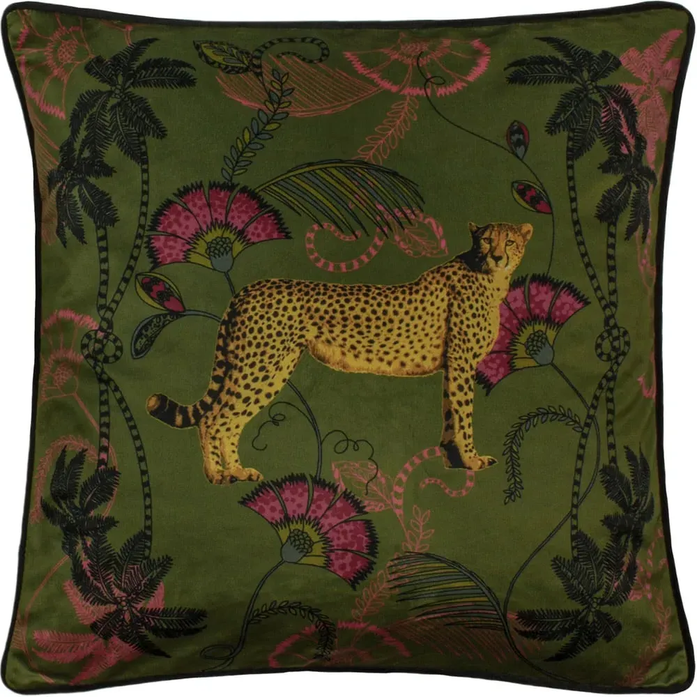 Tropical Cheetah Velvet Touch Piped Cushion - Green