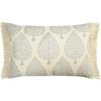 Tulsa Fringed Cushion with Leaf Design - Silver, Natural