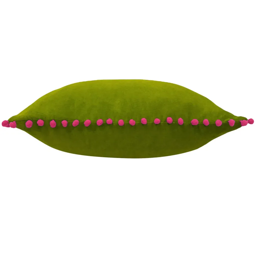 Velvet Touch Pom Pom Cushion - Green, Fuchsia