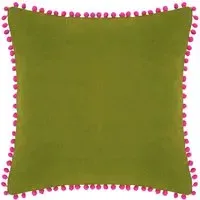 Velvet Touch Pom Pom Cushion - Green, Fuchsia