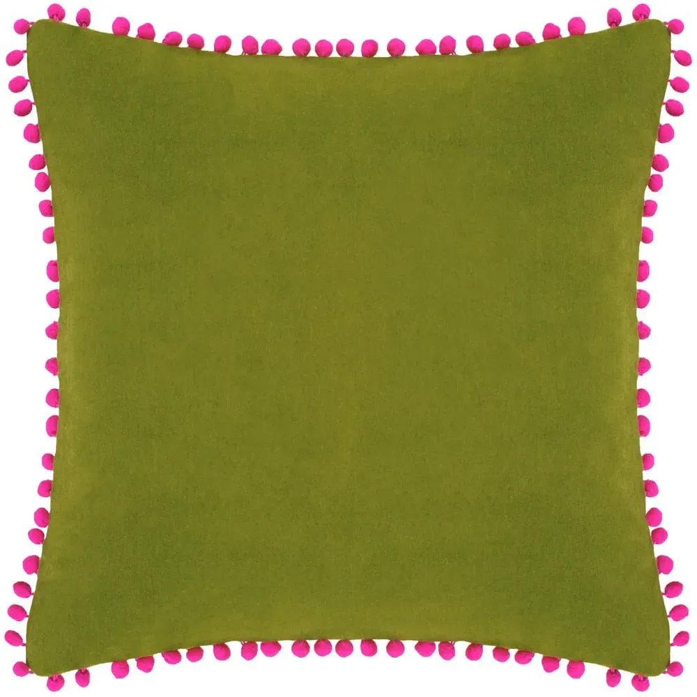 Velvet Touch Pom Pom Cushion - Green, Fuchsia image