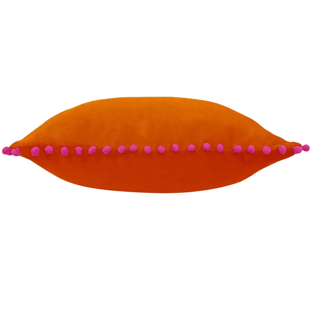 Velvet Touch Pom Pom Cushion - Orange, Fuchsia