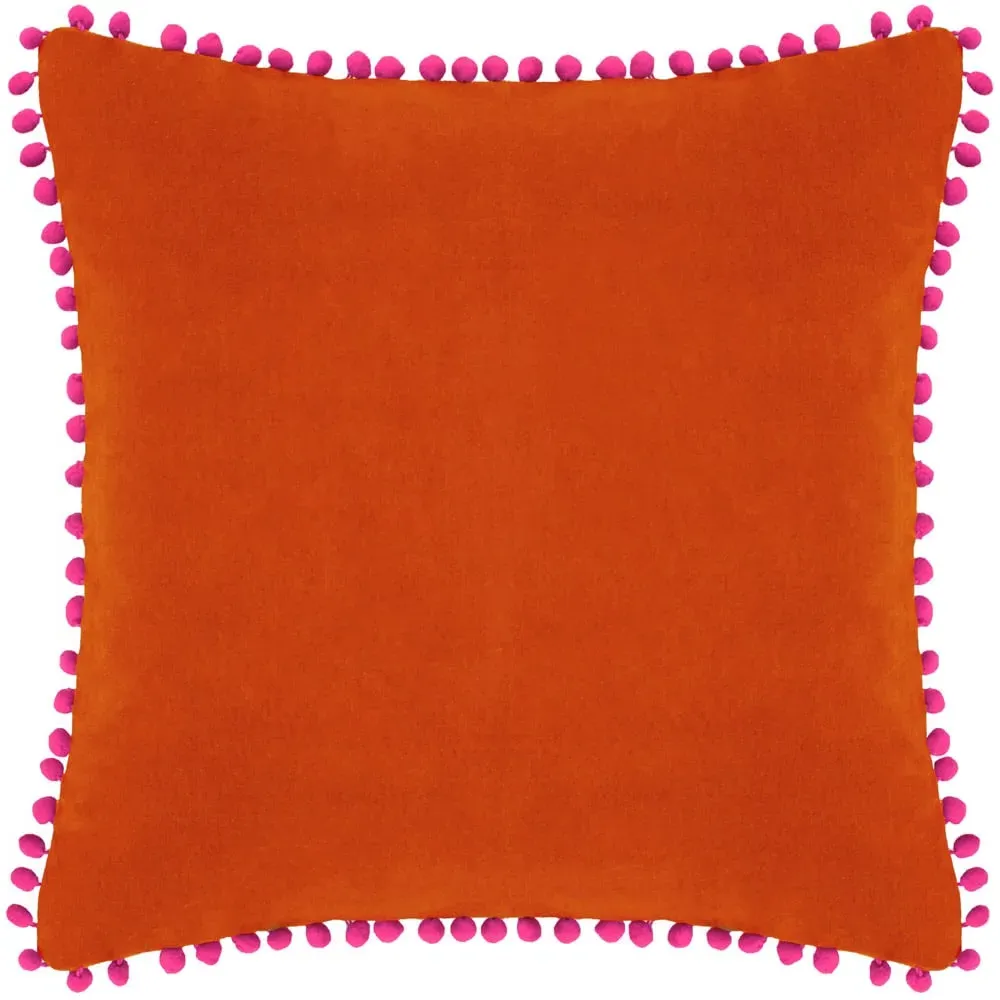 Velvet Touch Pom Pom Cushion - Orange, Fuchsia image
