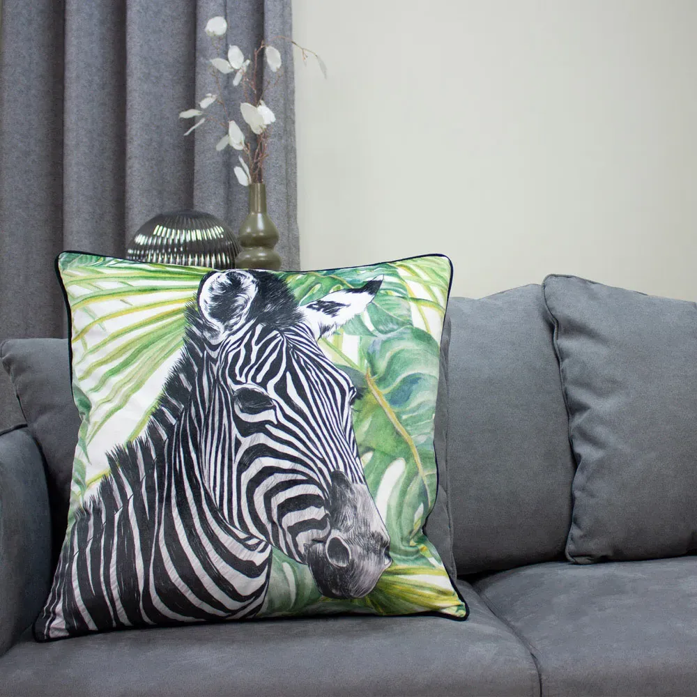 Zebra Jungle Velvet Cushion - Green
