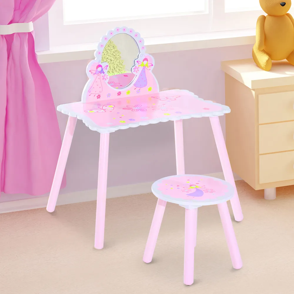 3-Piece Dressing Table Set with Mirror - Pink