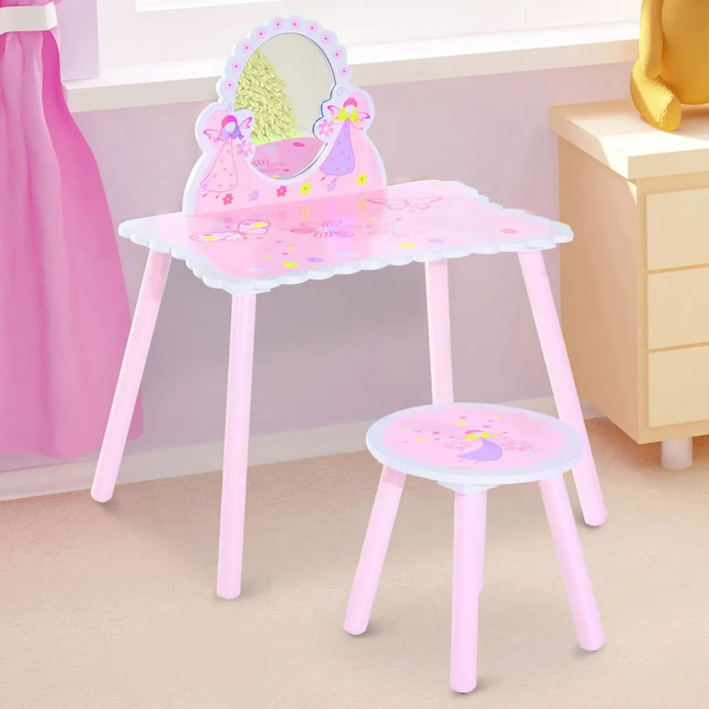 3-Piece Dressing Table Set with Mirror - Pink