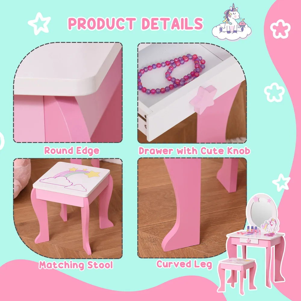 Kids Dressing Table and Stool Set - Pink