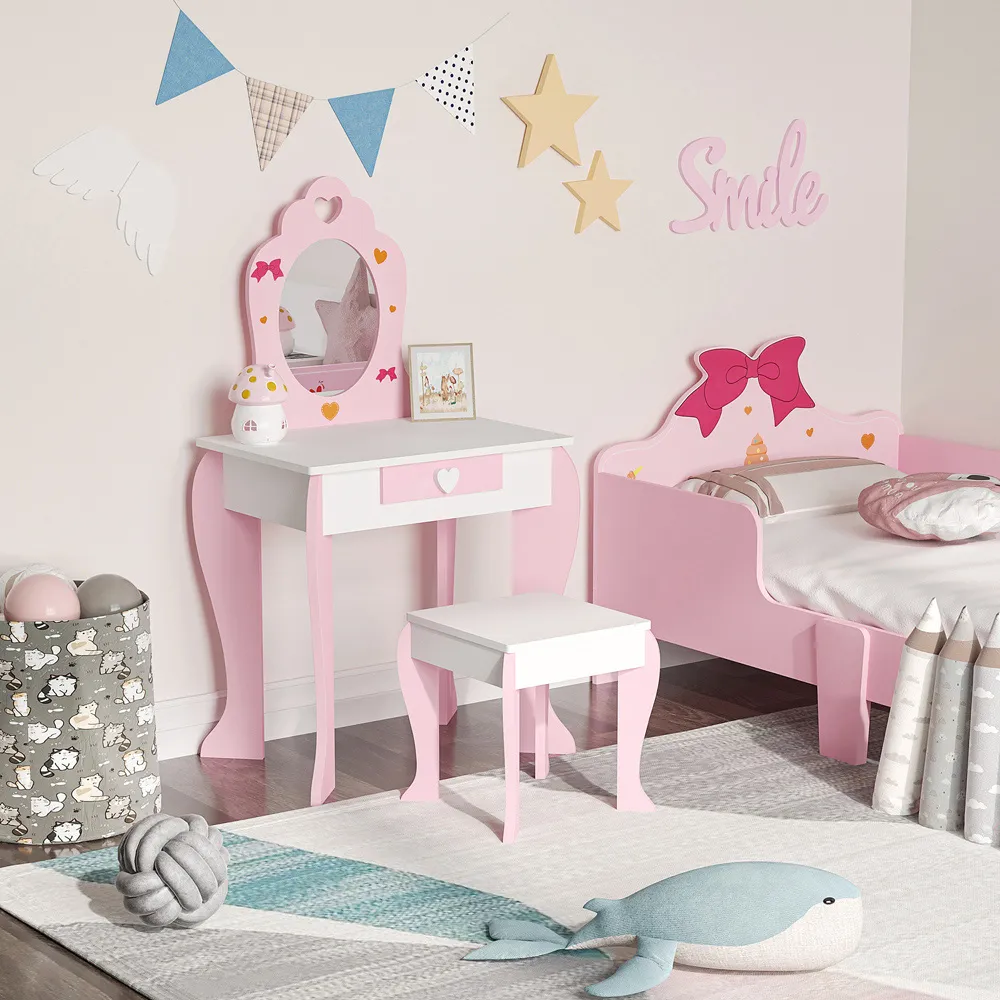 Kids Single Drawer Dressing Table Set with Mirror - Pink