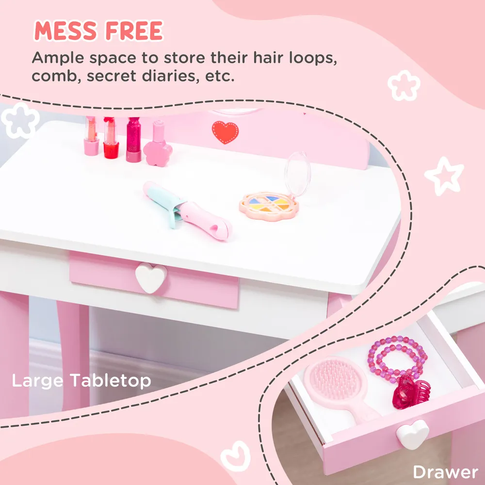 Kids Single Drawer Dressing Table Set with Mirror - Pink