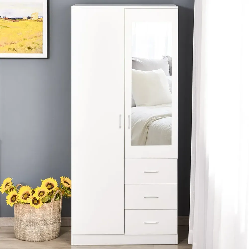 2 Door 3 Drawer Mirror Wardrobe - White
