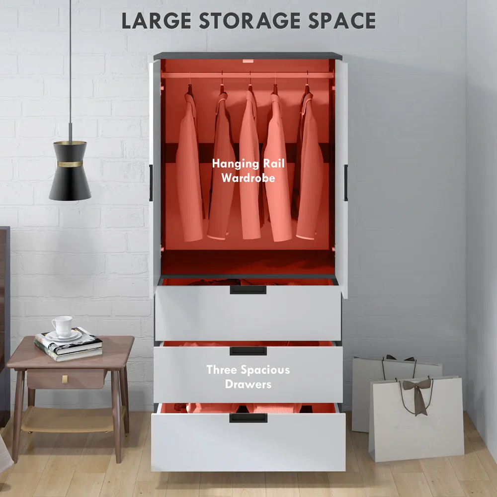 2 Door 3 Drawer Wardrobe - Grey