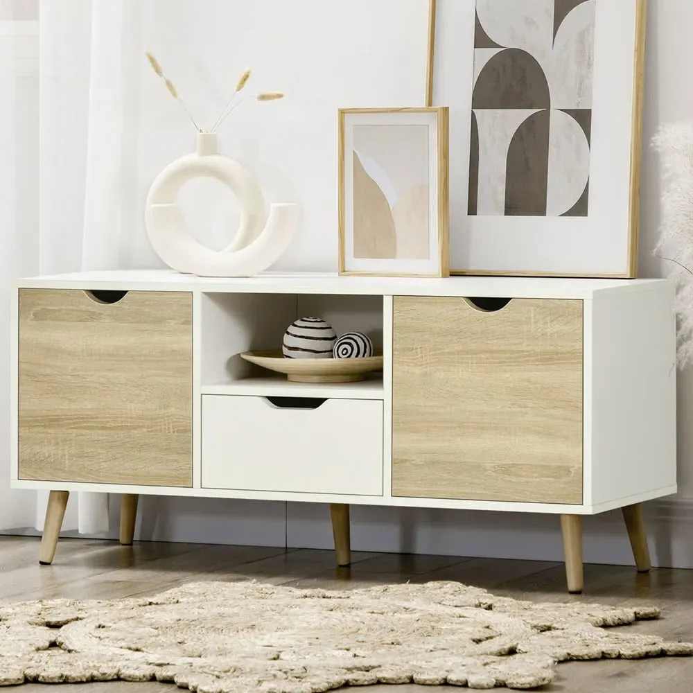 2 Door Single Drawer TV Cabinet - Natural, White