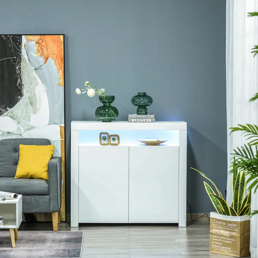 2 Door Single Shelf Sideboard with LED - White