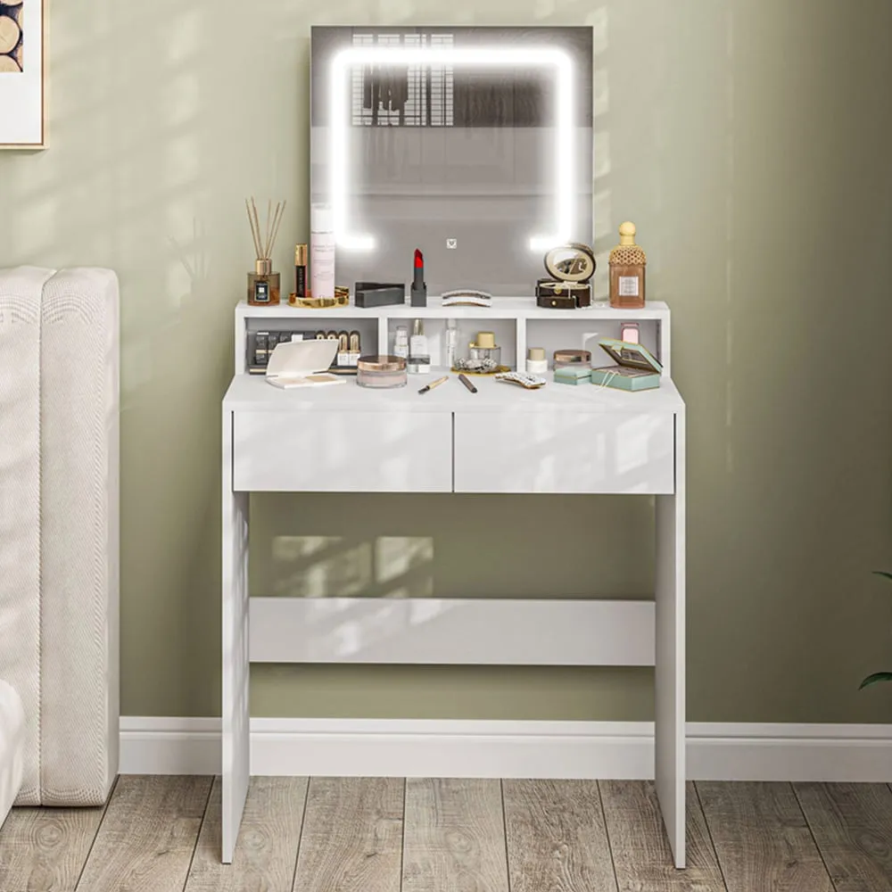 2 Drawer 2 Shelf Dressing Table with LED Light Mirror - White