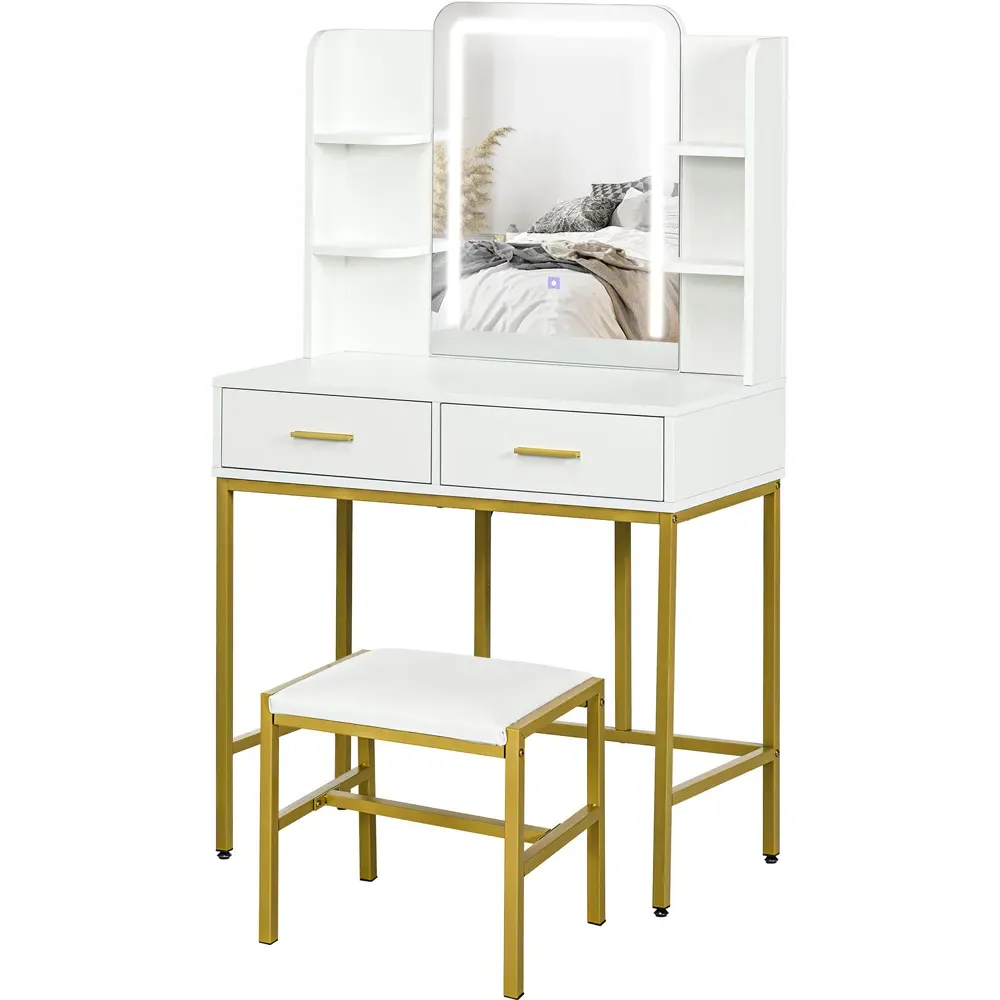 2 Drawer 4 Shelf Makeup Vanity Desk Set with Lighting Mirror - White